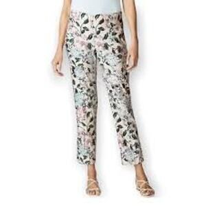 J Jill Linen Blend Floral Ankle Pant Womens Size Small Nwt Button Hem Blue Cream
